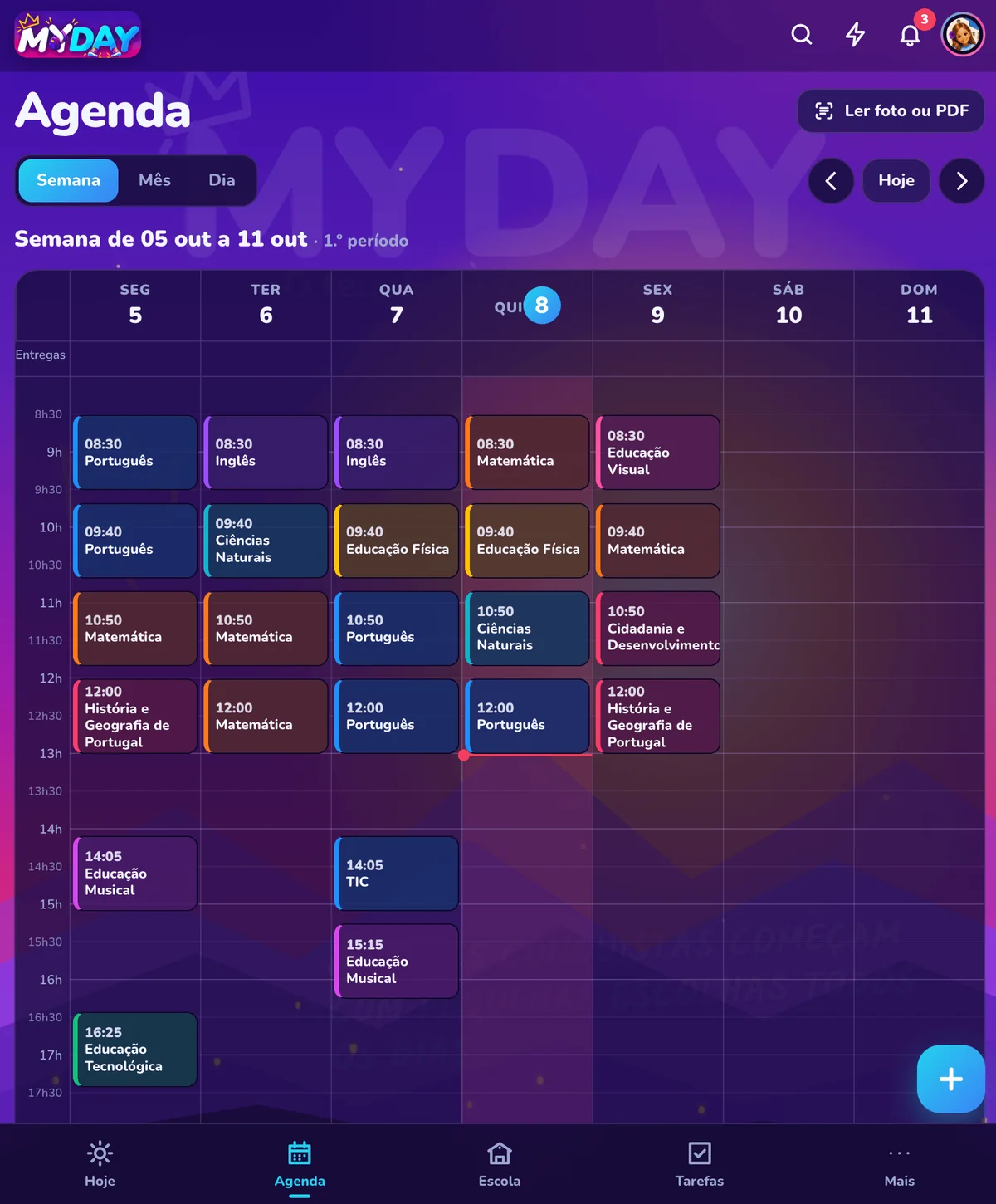 Agenda escolar MYDAY com tarefas e compromissos