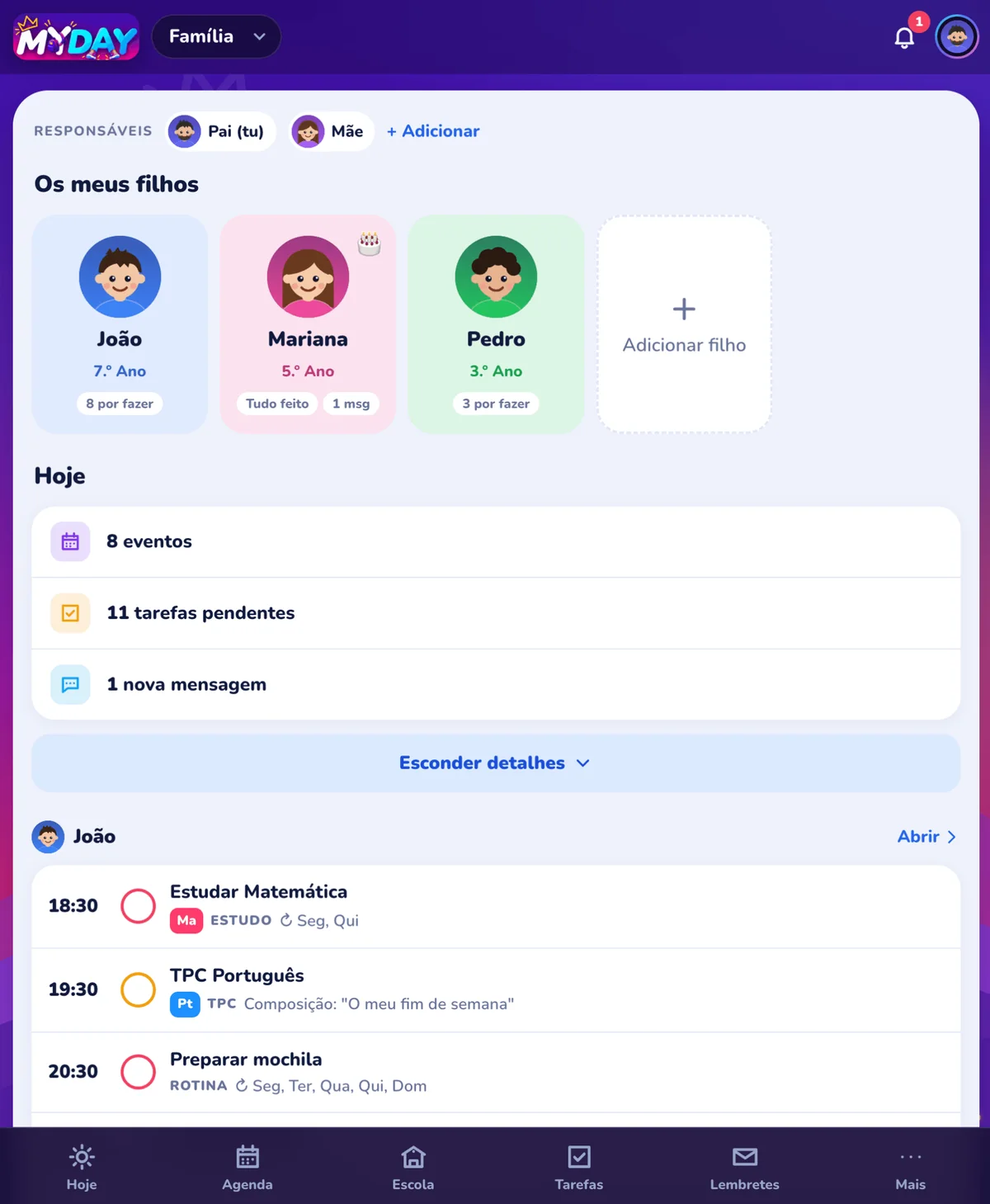 Área Família do MYDAY para acompanhar o dia escolar