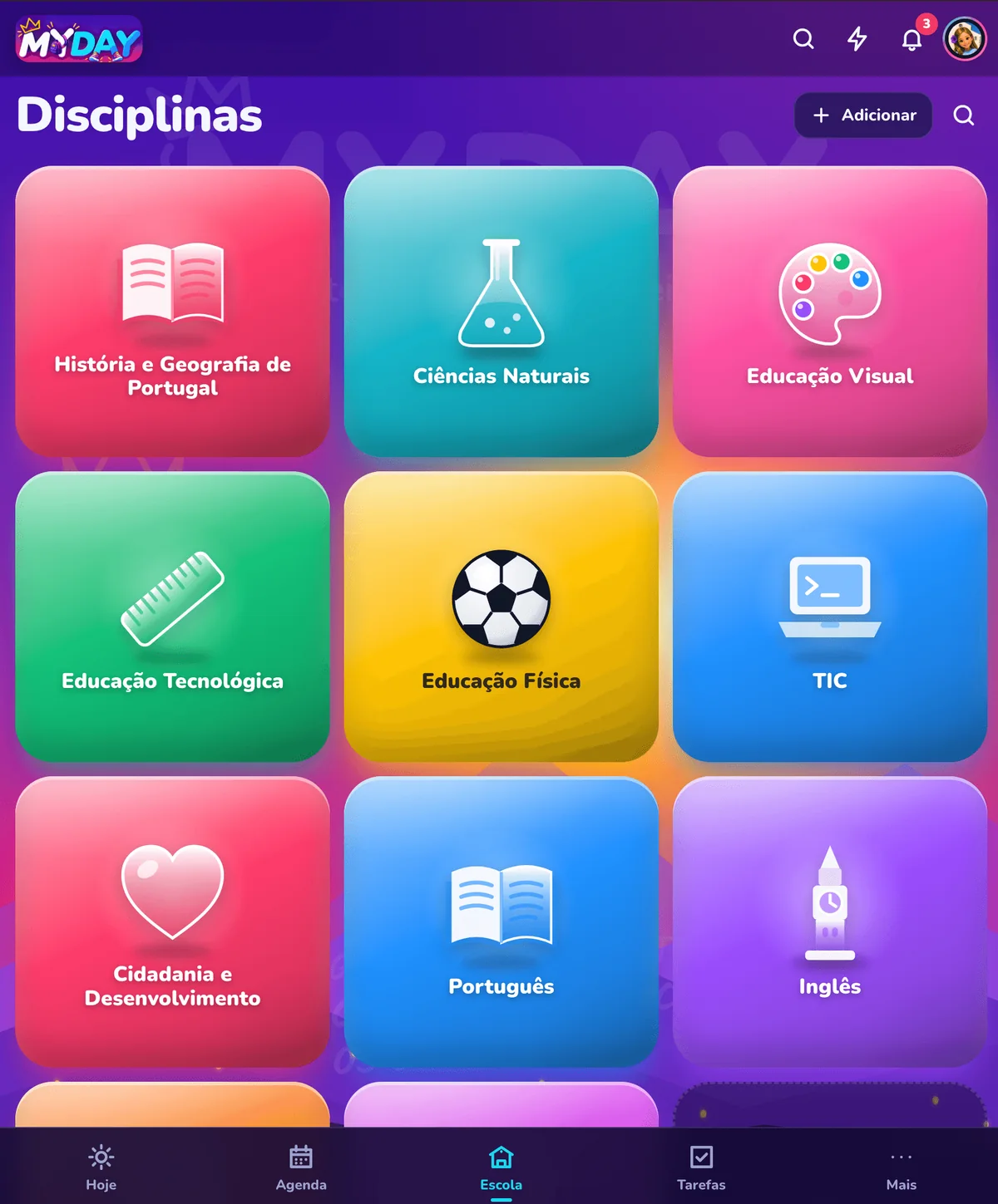 Disciplinas e organização do estudo na app MYDAY