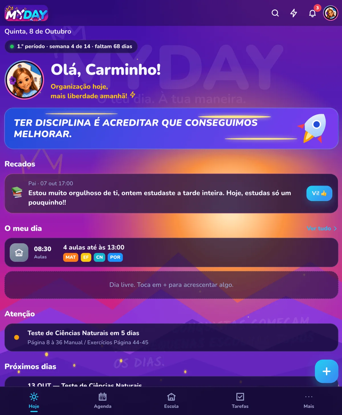 Ecrã Hoje do MYDAY com o resumo do dia escolar